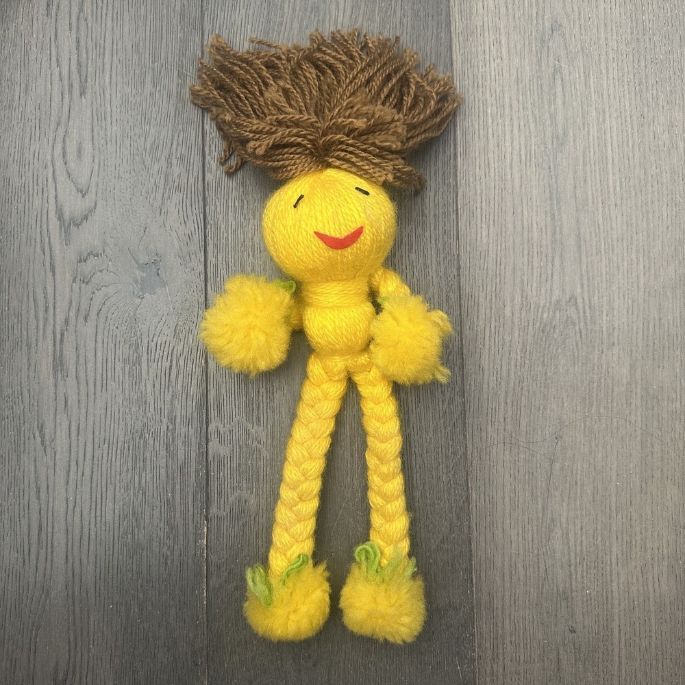 VTG 60'sHandmade Yarn Rag Cloth Doll 16" Yellow Brown Hair Soft Body Braided Leg